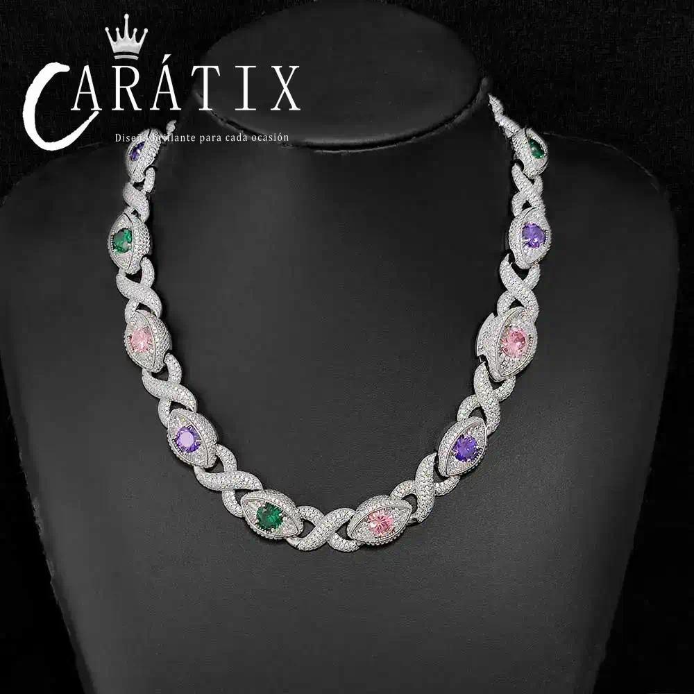 CARÁTIX Evil Eye Cuban Link Chain Necklace – CZ Color Zircon Iced Out Hip Hop Jewelry for Women & Men | White Bling Gift