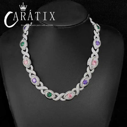CARÁTIX Evil Eye Cuban Link Chain Necklace – CZ Color Zircon Iced Out Hip Hop Jewelry for Women & Men | White Bling Gift