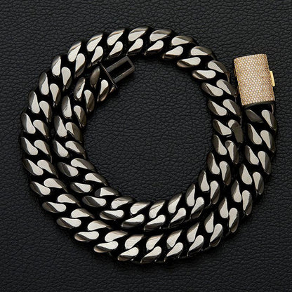 CARÁTIX - Hip Hop Bling Iced Out Stainless Steel 14mm Round Cuban Miami Link Chain Necklace for Men Rapper Jewelry Black Color Valentine's Day Gift for Men & Girls & Boys Mothers' Day Gift #Springtok