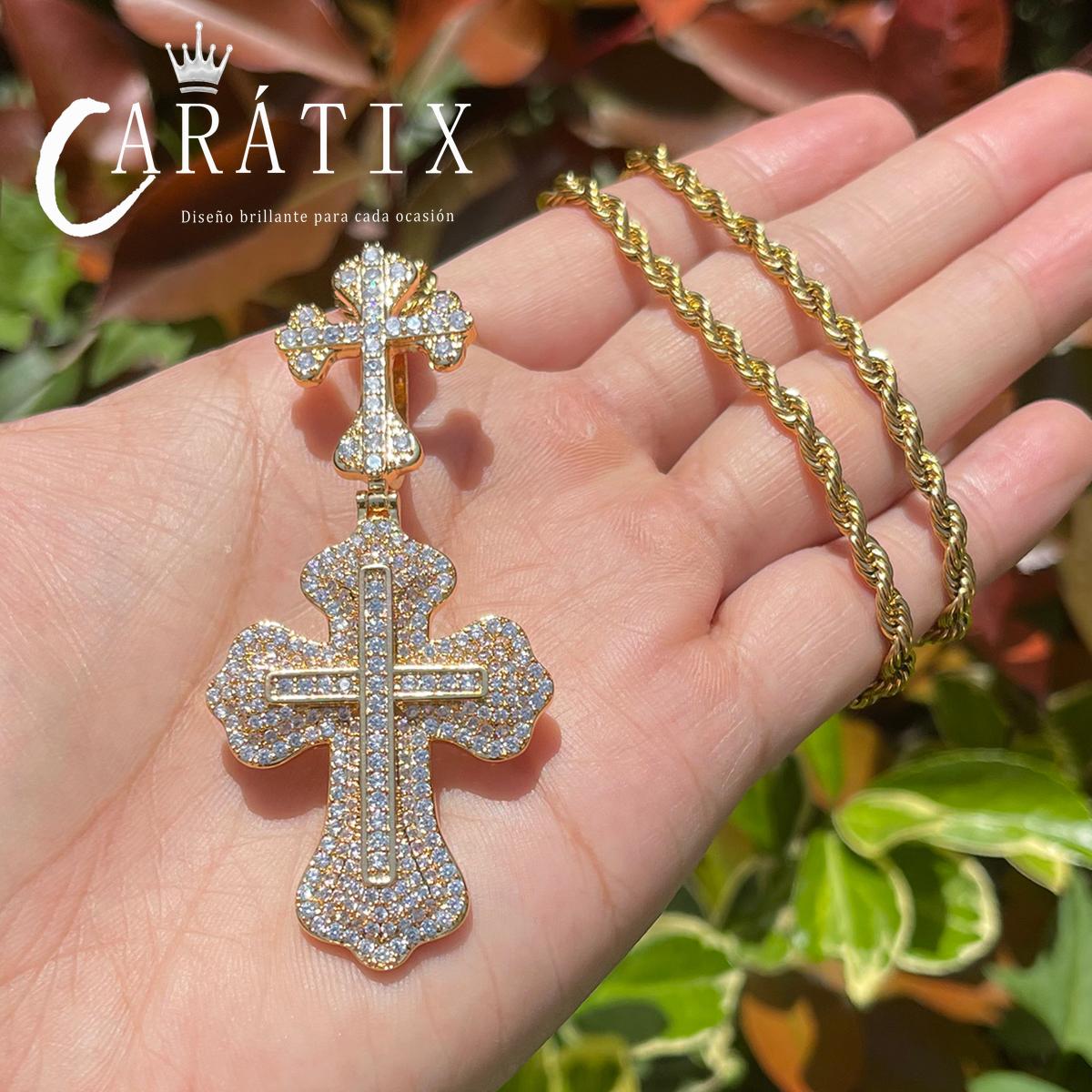 CARÁTIX Iced Out Cross Pendant Necklace – Copper Hip Hop Chain Jewelry for Men & Women