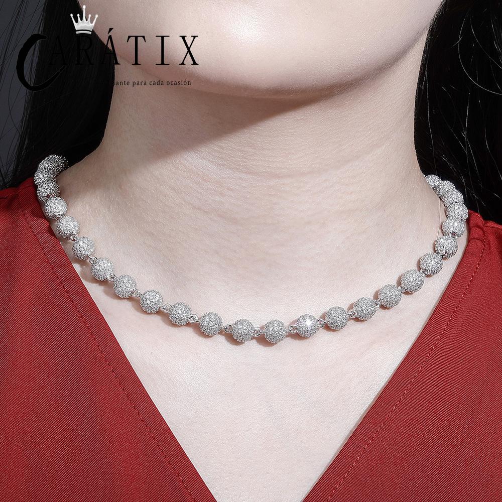 CARÁTIX 8mm Iced Out Beads Link Chain Necklace – CZ Hip Hop Bling Choker Jewelry for Men & Women | Rapper Gift