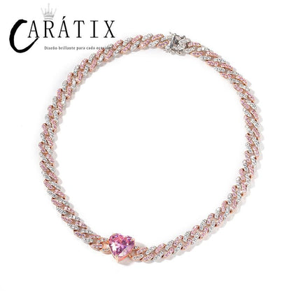 CARÁTIX Heart & Square CZ Iced Out Cuban Link Chain Necklace – AAA+ Claw Setting Hip Hop Bling Jewelry for Men & Women | Gift