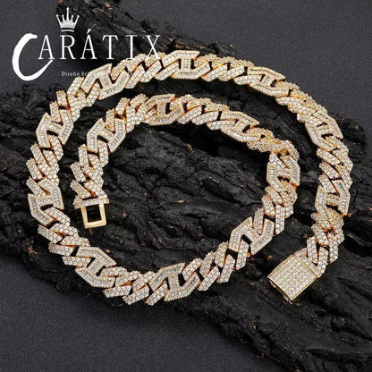 CARÁTIX 15MM Two-Tone Cuban Link Chain Necklace – Hip Hop Jewelry with Shiny Stones for Men & Women