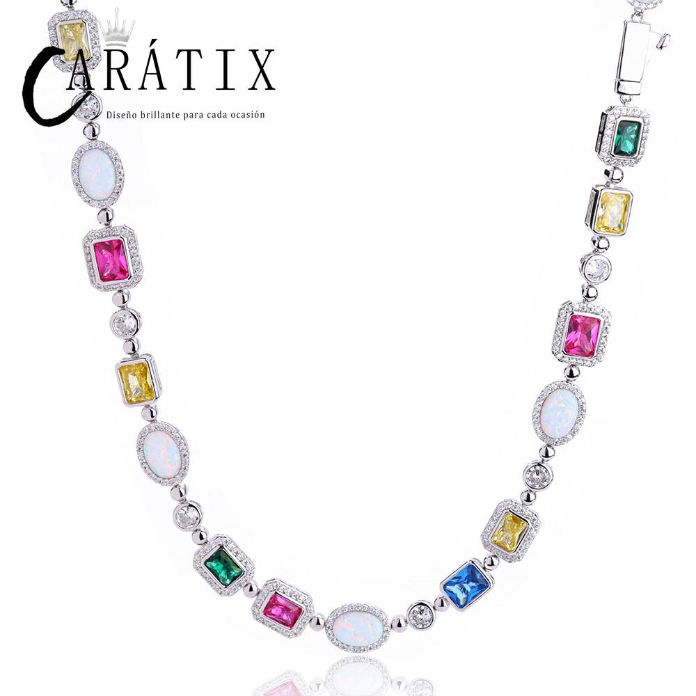 CARÁTIX - Rainbow Geometric Bling CZ Stone Chain Necklace Multicolor Round Oval Gemstone White  Choker for Women Men Valentine's Day Gift for Men & Girls & Boys Mothers' Day Gift #Springtok