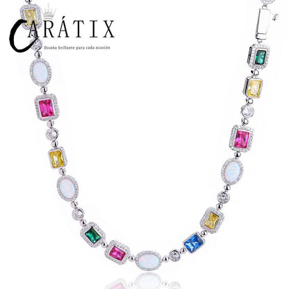 CARÁTIX - Rainbow Geometric Bling CZ Stone Chain Necklace Multicolor Round Oval Gemstone White  Choker for Women Men Valentine's Day Gift for Men & Girls & Boys Mothers' Day Gift #Springtok