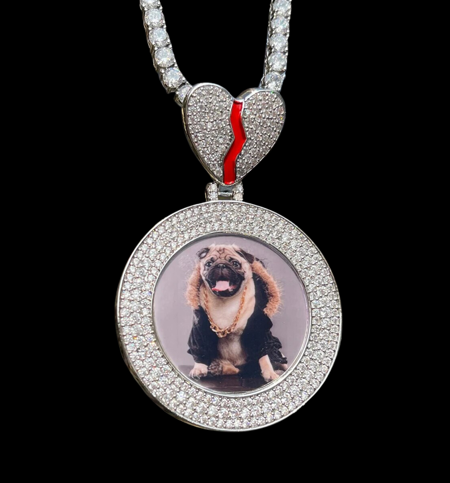 Triple Tennis Broken Heart Custom Photo Pendant Necklace – Iced Out Hip Hop Jewelry