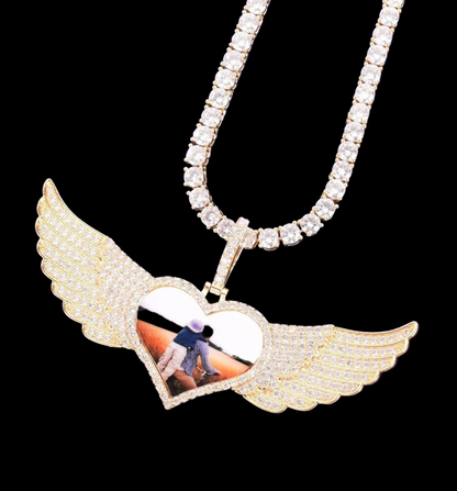Long Wings Heart Custom Photo Pendant Necklace – Personalized Iced Out Picture Jewelry for Men and Women