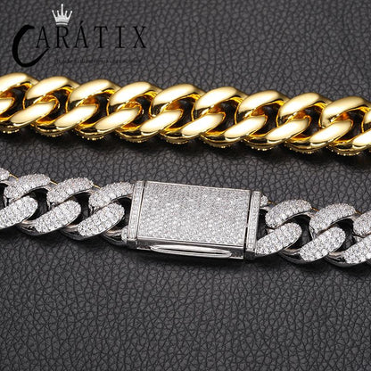 CARÁTIX 18mm Iced Out Cuban Link Chain Necklace – 3 Row CZ Rhombus Hip Hop Bling Jewelry for Men | Rapper Gift