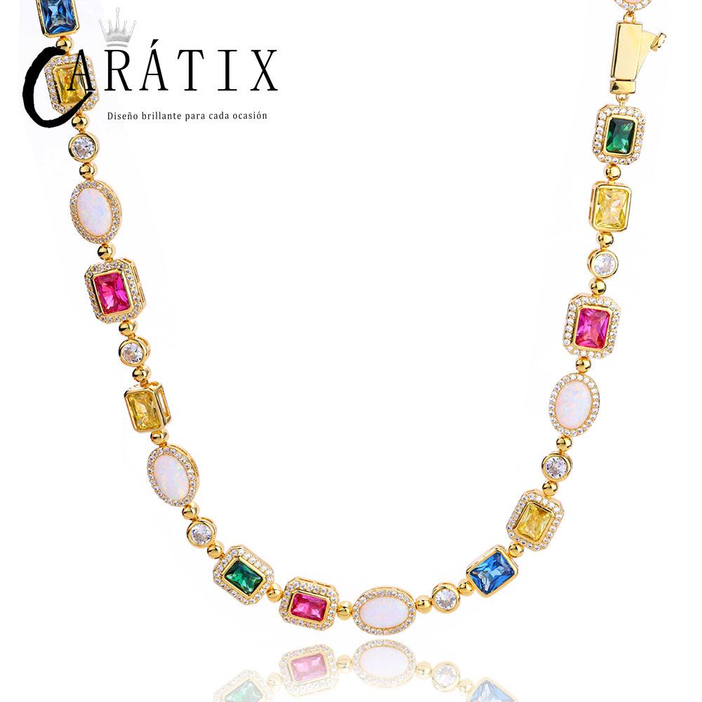 CARÁTIX - Rainbow Geometric Bling CZ Stone Chain Necklace Multicolor Round Oval Gemstone White  Choker for Women Men Valentine's Day Gift for Men & Girls & Boys Mothers' Day Gift #Springtok
