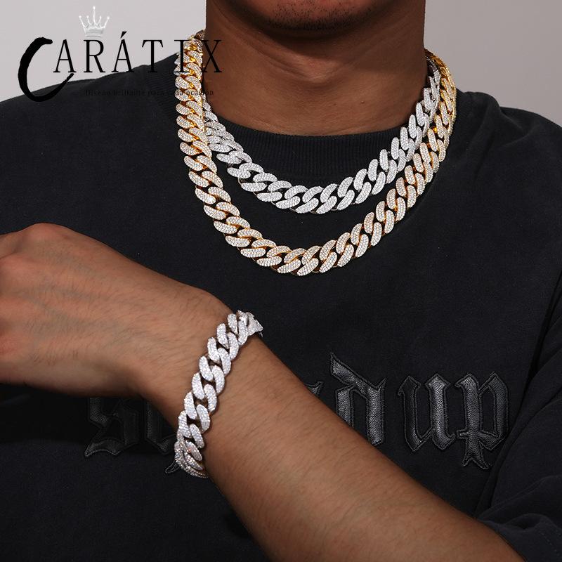 CARÁTIX - Hip Hop 3 Row CZ Stone Paved Bling Iced Out 15mm Round Cuban Miami Link Chain Necklaces for Men Rapper Jewelry Golden Silver Color Valentine's Day Gift for Men & Girls & Boys Mothers' Day Gift #Springtok