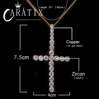 CARÁTIX Bubble Letter Zircon Cross Pendant Necklace – Golden Copper Hip Hop Jewelry for Men & Women