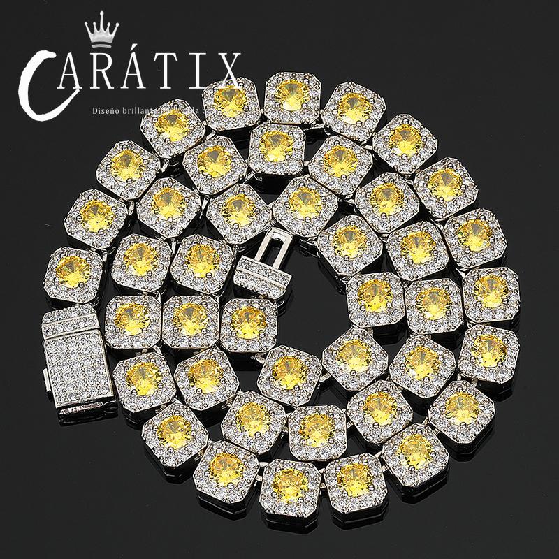CARÁTIX - Hip Hop 5A+ CZ Stone Bing Iced Out 10mm Tennis Link Chain Chokers Necklaces for Men Women Rapper Jewelry Blue Yellow Stone Valentine's Day Gift for Men & Girls & Boys Mothers' Day Gift #Springtok