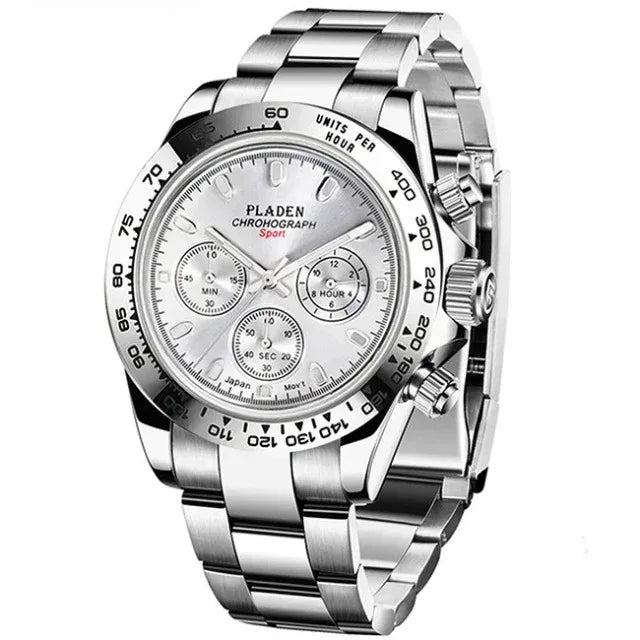 Luxury Three-Eye Men's Watch | Blue Dial Full Stainless Steel Iced Out Watch | Multifunctional Waterproof Quartz Clock | Caratix - CaratixJewelry
