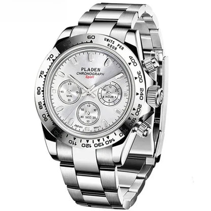 Luxury Three-Eye Men's Watch | Blue Dial Full Stainless Steel Iced Out Watch | Multifunctional Waterproof Quartz Clock | Caratix - CaratixJewelry