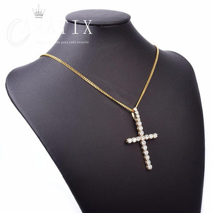CARÁTIX Bubble Letter Zircon Cross Pendant Necklace – Golden Copper Hip Hop Jewelry for Men & Women