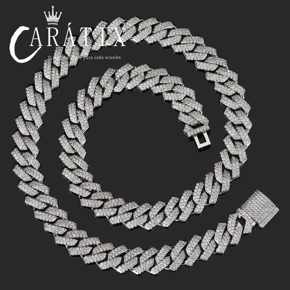 CARÁTIX 14mm 2-Row Prong Cuban Link Chain Necklace – Cubic Zirconia Iced Out Hip Hop Bling Jewelry for Men | White Miami Style