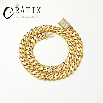 CARÁTIX Golden Stainless Steel Cuban Chain | Iced Out Dense Link Hip Hop Necklace for Men