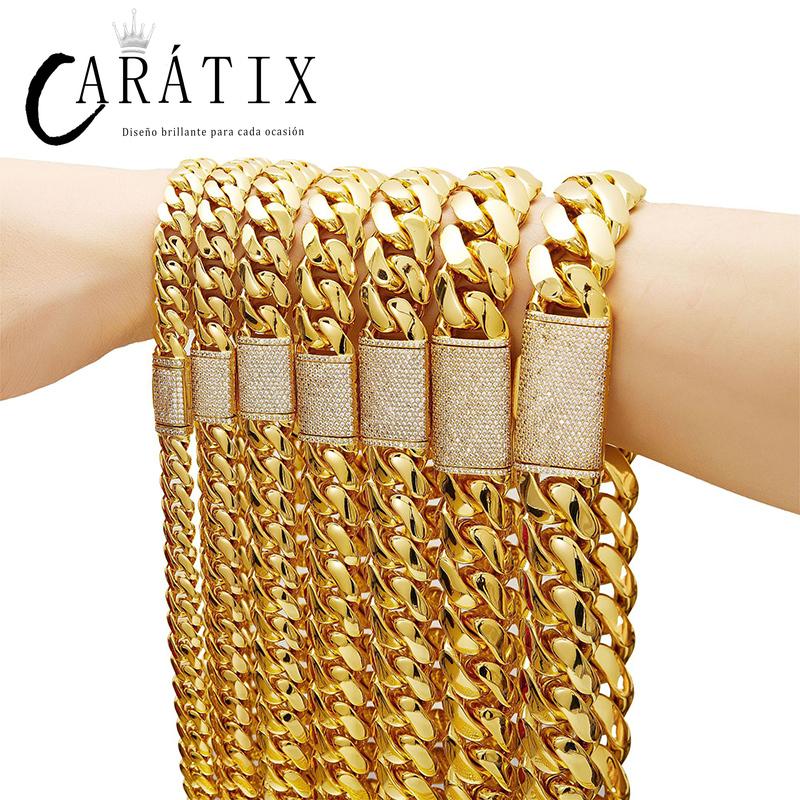 CARÁTIX Golden Stainless Steel Cuban Chain | Iced Out Dense Link Hip Hop Necklace for Men