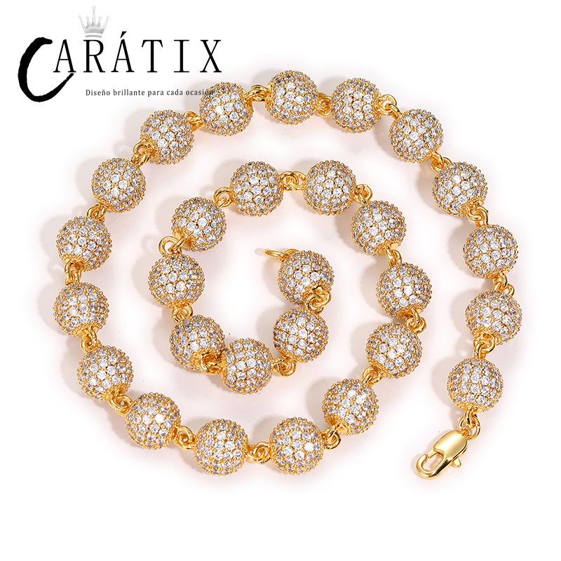 CARÁTIX 10mm Beads Link Chain Necklace – Full CZ Iced Out Hip Hop Bling Jewelry for Men & Women | Rapper Choker Gift