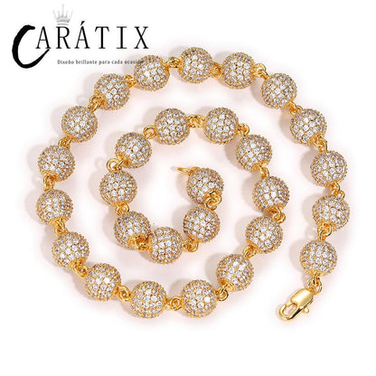 CARÁTIX 10mm Beads Link Chain Necklace – Full CZ Iced Out Hip Hop Bling Jewelry for Men & Women | Rapper Choker Gift