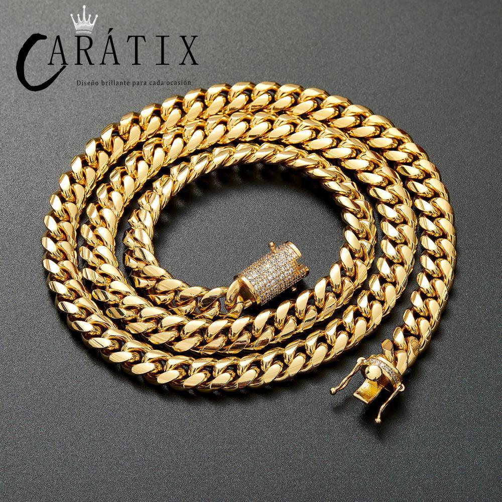 CARÁTIX 10MM Stainless Steel Miami Cuban Chain Necklace – Hip Hop Iced Out Jewelry with CZ Zircon for Men & Women