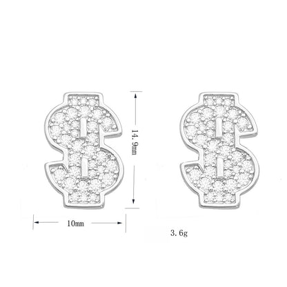 S925 Sterling Silver Money Sign Moissanite Studs | Iced Out Dollar Earring | Caratix