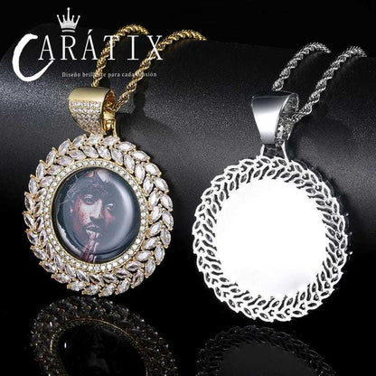 Personalized Wheat Circle Photo Pendant Necklace - Custom Hip Hop Iced Out Copper Zircon Picture Frame Jewelry for Men & Women - Memorial Gift