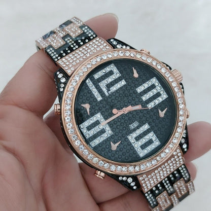 Fully Iced Out Watch Big Face Steel Band Quartz | Caratix