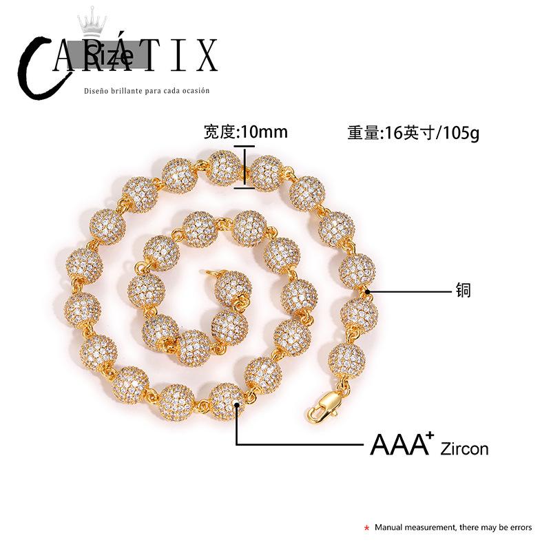 CARÁTIX 10mm Beads Link Chain Necklace – Full CZ Iced Out Hip Hop Bling Jewelry for Men & Women | Rapper Choker Gift