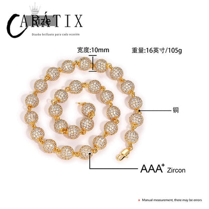 CARÁTIX 10mm Beads Link Chain Necklace – Full CZ Iced Out Hip Hop Bling Jewelry for Men & Women | Rapper Choker Gift