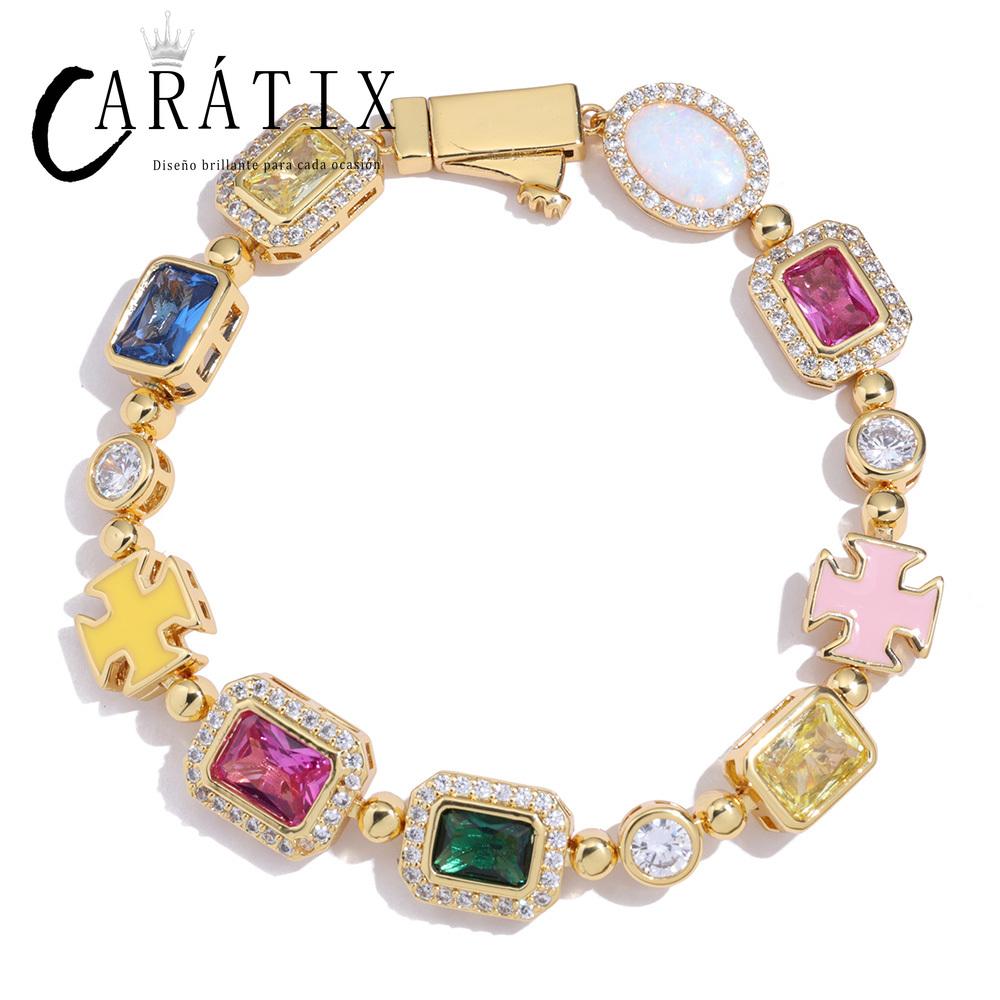 CARÁTIX -  10mm Custom Multi Color Enamel Bling Cz Stone Chain Silver Geometric Gemstone Motif  Chain Necklace Valentine's Day Gift for Men & Girls & Boys Mothers' Day Gift #Springtok