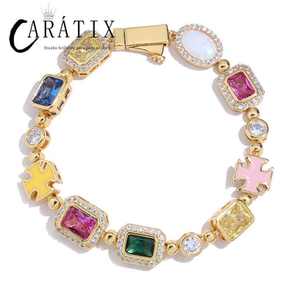 CARÁTIX -  10mm Custom Multi Color Enamel Bling Cz Stone Chain Silver Geometric Gemstone Motif  Chain Necklace Valentine's Day Gift for Men & Girls & Boys Mothers' Day Gift #Springtok