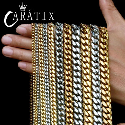 CARÁTIX - 2024 Fashion New Hip Hop Stainless Steel 18 k  Miami Cuban Link Chain Men Necklace Jewelry Valentine's Day Gift for Men & Girls & Boys Mothers' Day Gift #Springtok