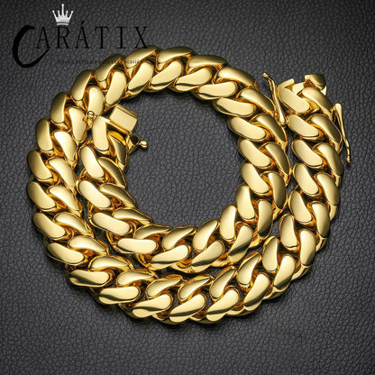 CARÁTIX 10-22mm Wide Round Cuban Miami Link Chain Necklace – Golden Hip Hop Jewelry for Men & Women