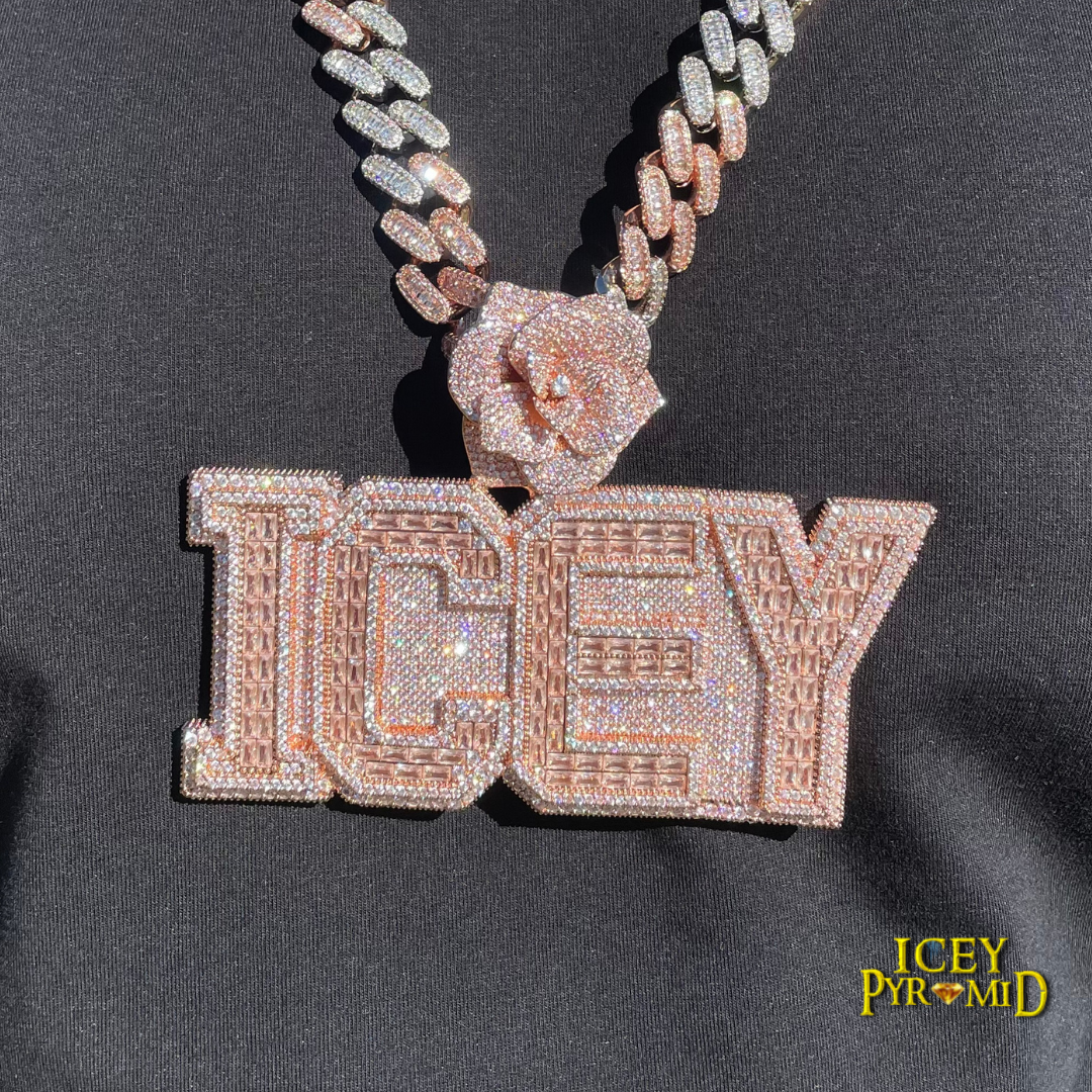 Rising Rose Edition Iced Out Personalized Custom Name Necklace Pendant with Rose Flower Bail - Luxury Jewelry