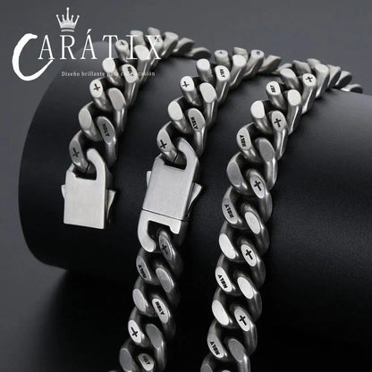CARÁTIX - 13mm Thick Cuban Link Men Necklace with Corss Matte Black Logo Chain Hip Hop Stainless Steel Necklace Bracelet for Man Valentine's Day Gift for Men & Girls & Boys Mothers' Day Gift #Springtok