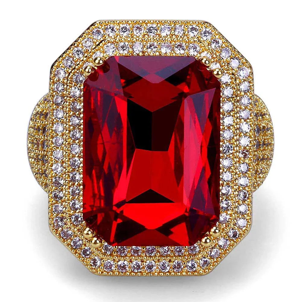 Men's Ruby Iced Out Ring | Micro-Pave Red Stone Hip Hop Band | Caratix