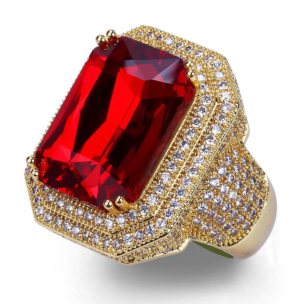 Men's Ruby Iced Out Ring | Micro-Pave Red Stone Hip Hop Band | Caratix