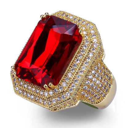 Men's Ruby Iced Out Ring | Micro-Pave Red Stone Hip Hop Band | Caratix