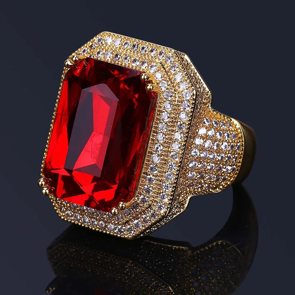 Men's Ruby Iced Out Ring | Micro-Pave Red Stone Hip Hop Band | Caratix