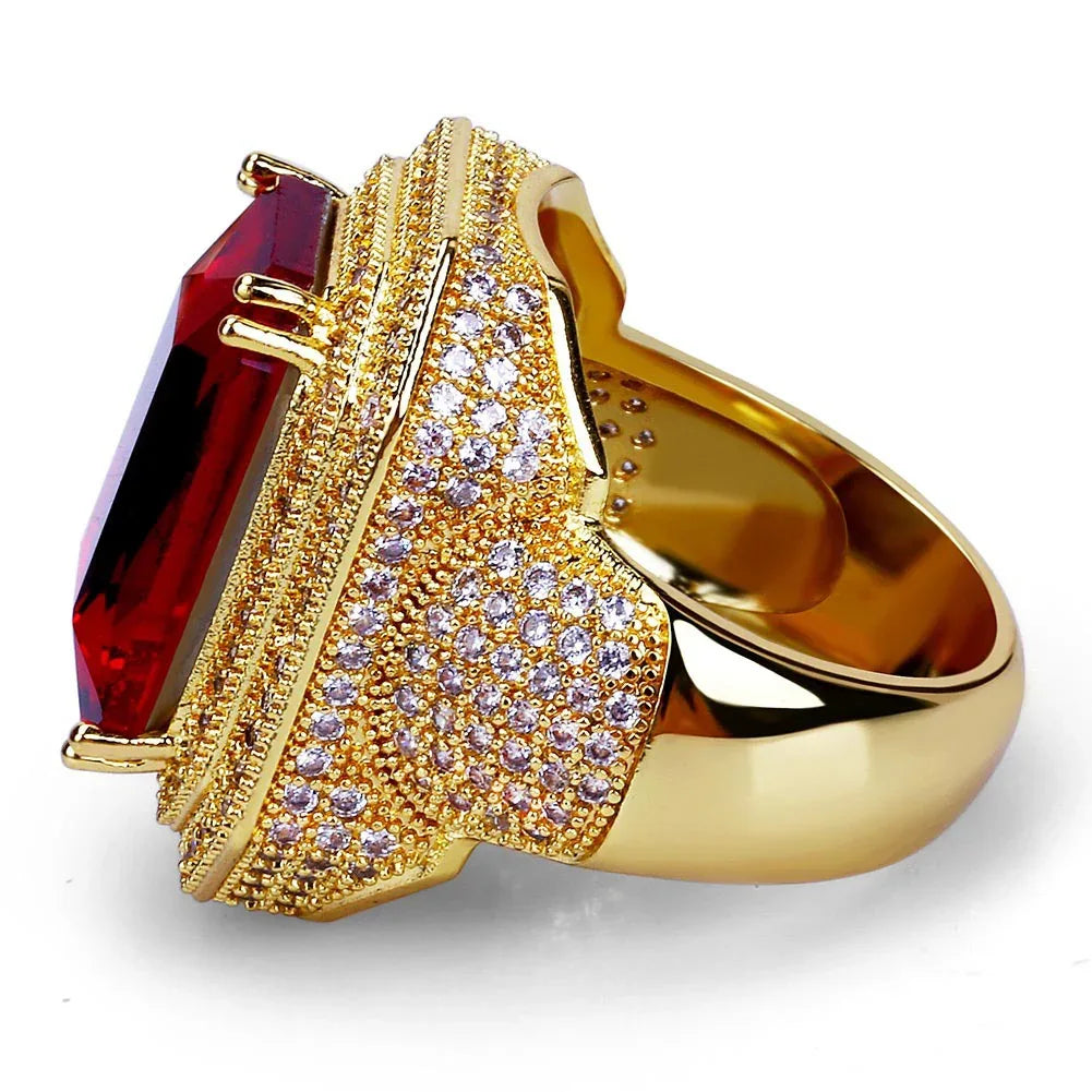 Men's Ruby Iced Out Ring | Micro-Pave Red Stone Hip Hop Band | Caratix