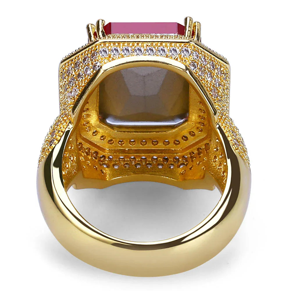 Men's Red Stone Iced Out Ring | Ruby Centerpiece Hip Hop Band | Caratix