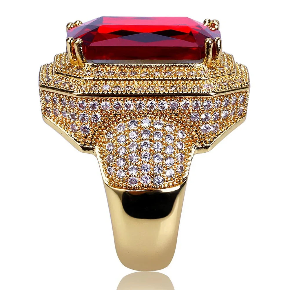 Men's Ruby Iced Out Ring | Micro-Pave Red Stone Hip Hop Band | Caratix