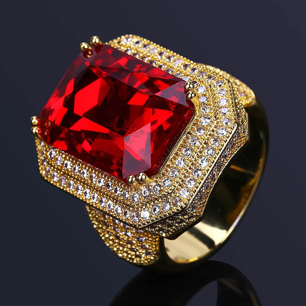 Men's Red Stone Iced Out Ring | Ruby Centerpiece Hip Hop Band | Caratix