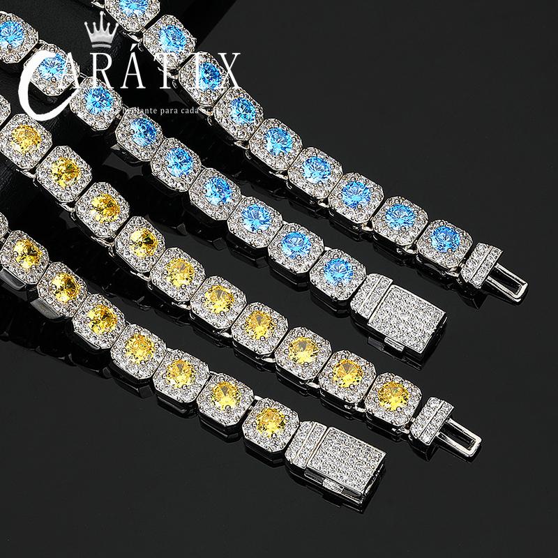 CARÁTIX - Hip Hop 5A+ CZ Stone Bing Iced Out 10mm Tennis Link Chain Chokers Necklaces for Men Women Rapper Jewelry Blue Yellow Stone Valentine's Day Gift for Men & Girls & Boys Mothers' Day Gift #Springtok