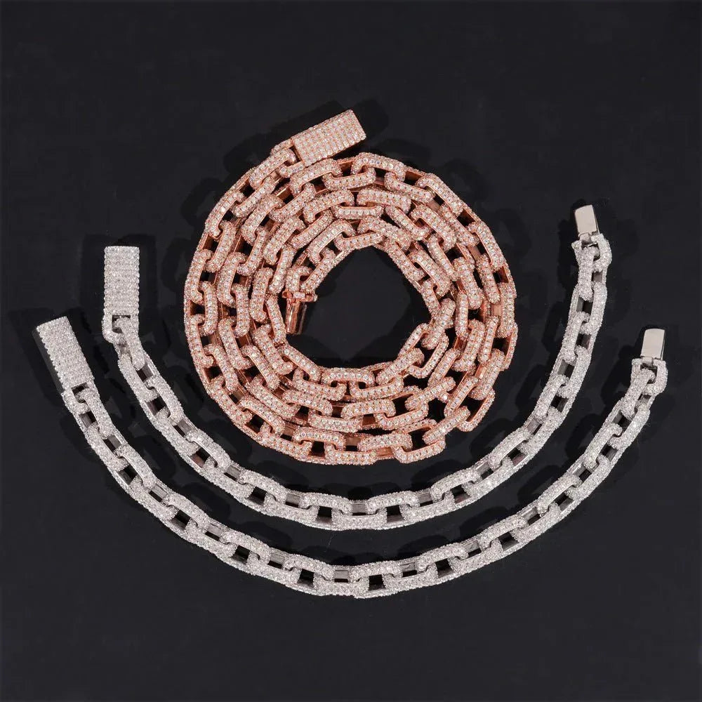 8.2mm D Color Moissanite Cuban Link Set - Sterling Silver Hip Hop Jewelry - CaratixJewelry