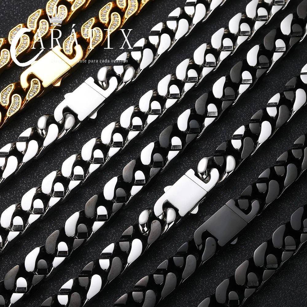CARÁTIX 12mm Stainless Steel Cuban Link Chain Necklace – Bling Zircon Chunky Hip Hop Jewelry for Men & Women | 16–26 Inches
