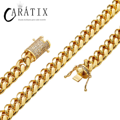 CARÁTIX 10MM Stainless Steel Miami Cuban Chain Necklace – Hip Hop Iced Out Jewelry with CZ Zircon for Men & Women