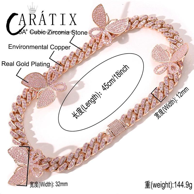 CARÁTIX All Pink Butterfly Cuban Chain | CZ Iced Out Miami Choker Necklace for Men & Women