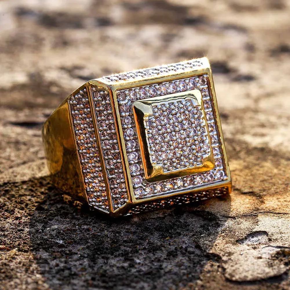 Iced Out Square Ring for Men | Micro-Pave CZ Hip Hop Bling